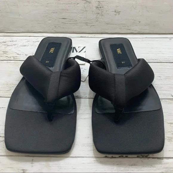 Zara Black Square Toe Quilted Slides Thong Sandals Flip Flop Summer - Picture 6 of 12